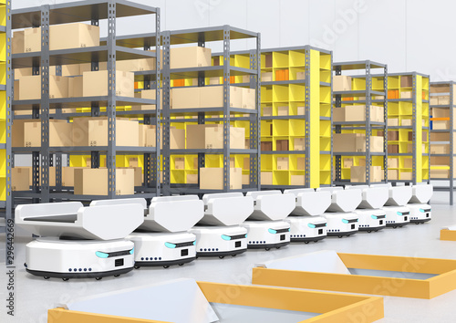 Line of  Autonomous Mobile Robots in modern warehouse. 3D rendering image.