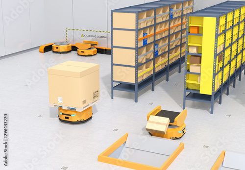 Autonomous Mobile Robots in modern logistics center. Warehouse automation concept. 3D rendering image. photo