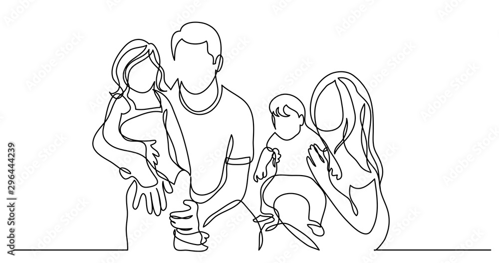 continuous line drawing of family of four holding their children Stock