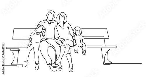 continuous line drawing of family of four sitting on park bench