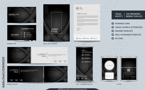 Luxury black carbon stationery mock up set and visual brand identity with abstract overlap layers background.