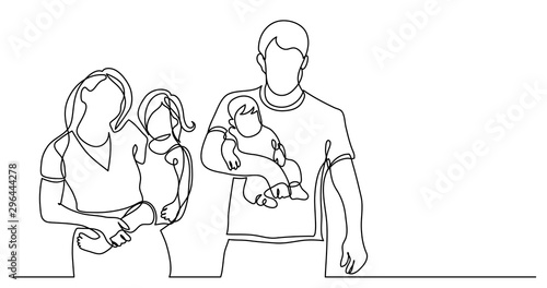 continuous line drawing of family of four walking holding their children on hands