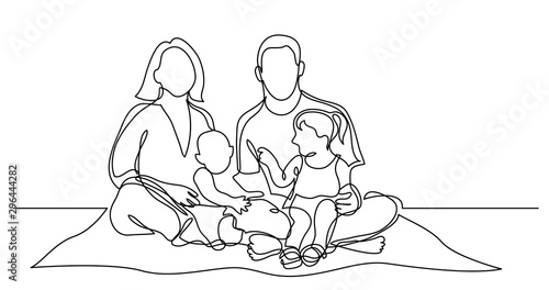 continuous line drawing of family of four sitting on picnic blanket in park
