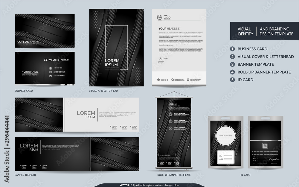Luxury black carbon stationery mock up set and visual brand identity with abstract overlap layers background. - obrazy, fototapety, plakaty 