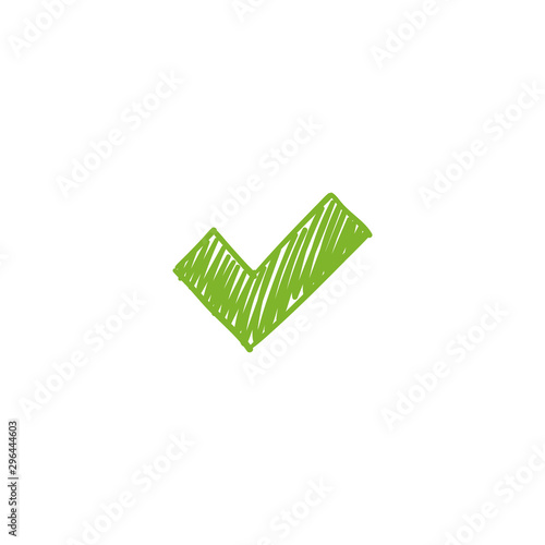 Green tick. Doodle checkmark vector. Hand drawn icon.