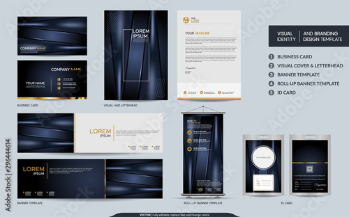 Luxury dark navy stationery mock up set and visual brand identity with abstract overlap layers background