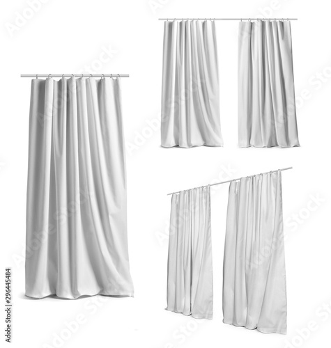 Set of one and two white curtains hanging on the rail Isolated on a white background, front view. Photo ready for mock up.