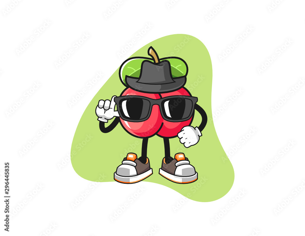 Obraz premium Acerola secret agent mascot design vector. Cartoon character illustration for business, t shirt, sticker.