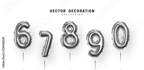 Silver Number Balloons. Foil and latex balloons. Helium ballons. Party, birthday, celebrate anniversary and wedding. Realistic design elements. Festive 3d render, set isolated. vector illustration