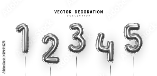 Silver Number Balloons. Foil and latex balloons. Helium ballons. Party, birthday, celebrate anniversary and wedding. Realistic design elements. Festive 3d render, set isolated. vector illustration