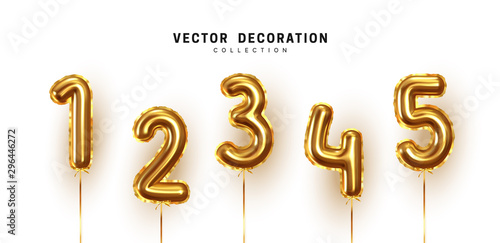 Golden Number Balloons. Foil and latex balloons. Helium ballons. Party, birthday, celebrate anniversary and wedding. Realistic design elements. Festive 3d render, set isolated. vector illustration
