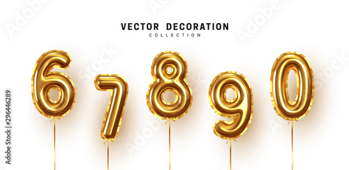 Golden Number Balloons. Foil and latex balloons. Helium ballons. Party, birthday, celebrate anniversary and wedding. Realistic design elements. Festive 3d render, set isolated. vector illustration
