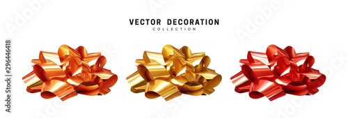 Set of bows golden and red. Realistic isolated on white background.