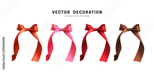 Set of bows with ribbon red pink, burgundy and brown. Realistic isolated on white background.