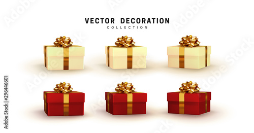 Set of gifts box. Collection realistic gift presents. Surprise boxes. Celebration decoration objects. Isolated on white background. vector illustration
