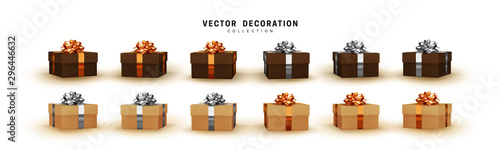 Set of gifts box. Collection realistic gift presents. Surprise boxes. Celebration decoration objects. Isolated on white background. vector illustration