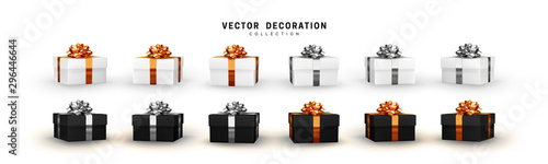 Set of gifts box. Collection realistic gift presents. Surprise boxes. Celebration decoration objects. Isolated on white background. vector illustration