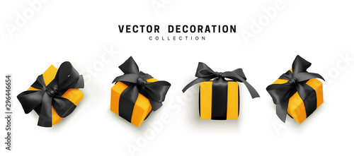 Set of gifts box. Collection realistic gift presents view top, side perspective view. Celebration decoration objects. Isolated on white background. vector illustration