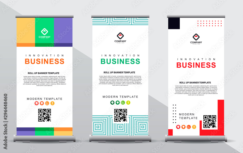Set of three roll up banner template. Modern abstract elgant design composition with portrait presentation.
