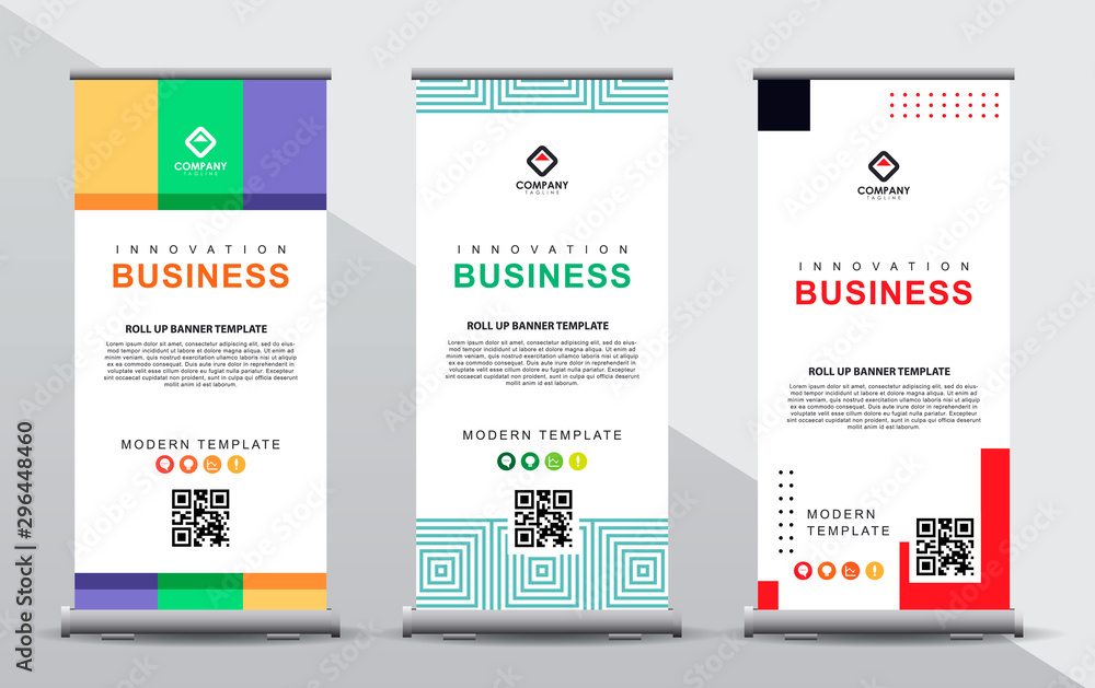 Set of three roll up banner template. Modern abstract elgant design composition with portrait presentation. Set of three roll up banner template. Modern abstract elgant design composition with portrait presentation.