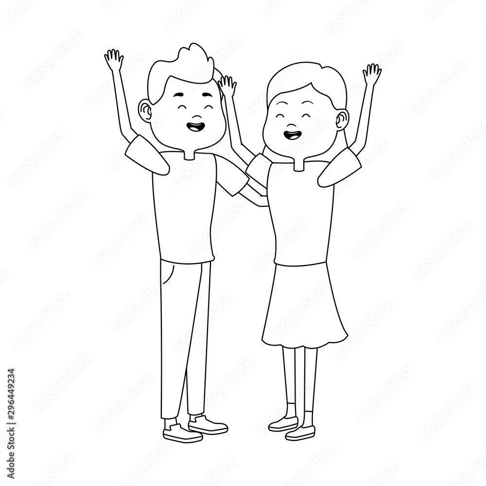 cartoon teen couple with arms up, flat design cartoon teen couple with arms up, flat design