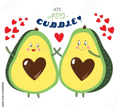 Avocuddle cute placement print vector illustration with two happy kawaii avocados and lettering words photo