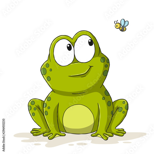 Funny cartoon frog with bee. Hand drawn vector illustration with separate layers.