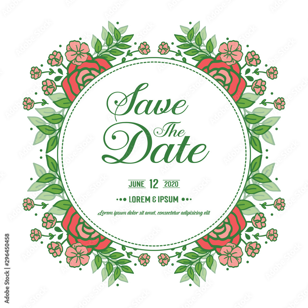 Design of card modern save the date with wallpaper art of rose flower frame. Vector