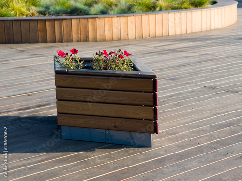Stylish urban flower bed made of wood in the form of a rhombus. Comfortable urban environment