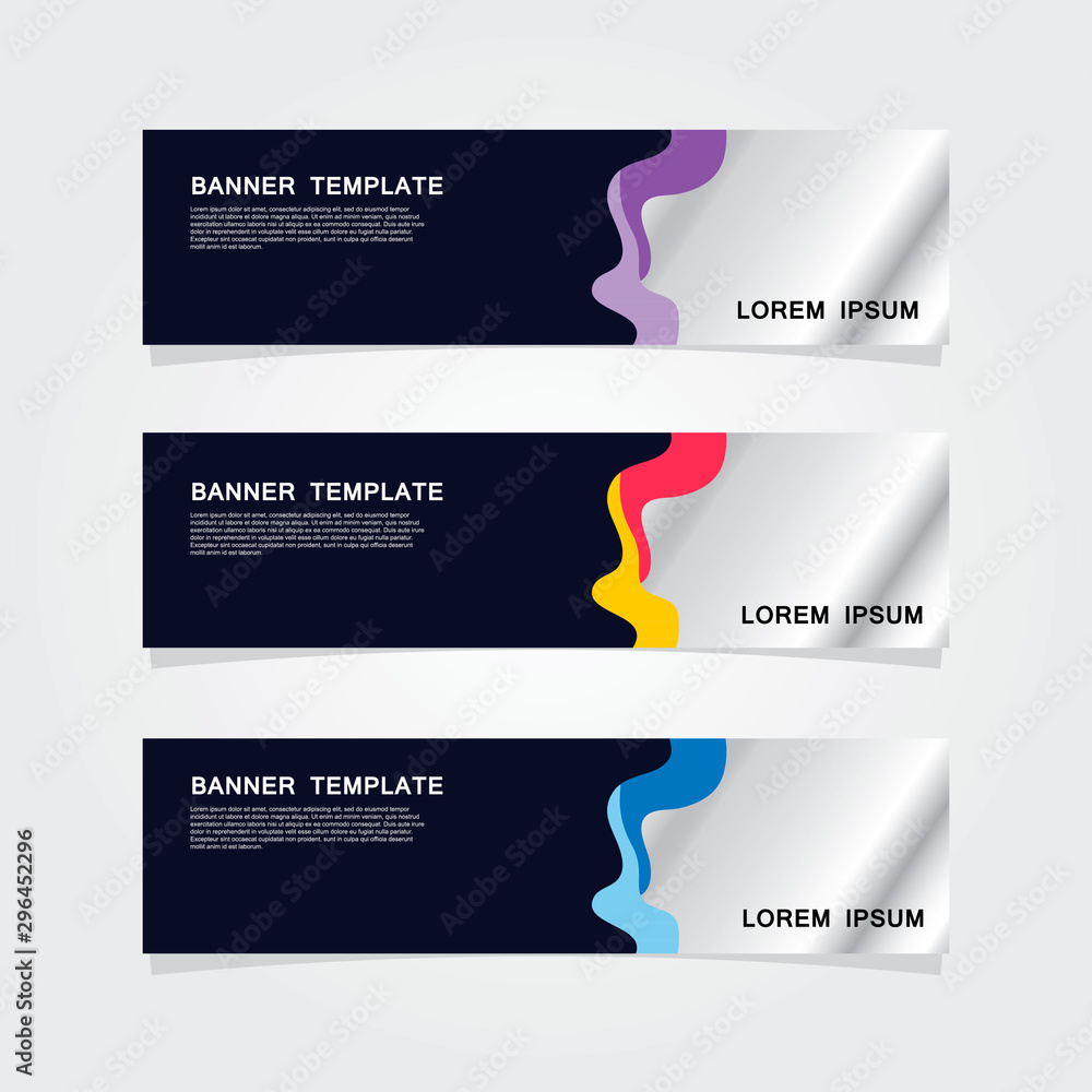 Set of 3 banner template. Modern flat blue, orange, purple color web banner design.