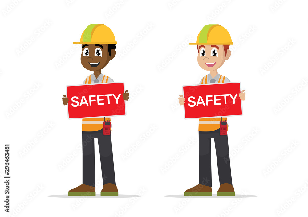 Construction man showing SAFETY sign.