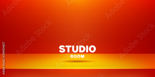 Vector template of photo studio backdrop, placed in interior. Mockup for your posters or photos. 3D empty modern orange studio room interior background.