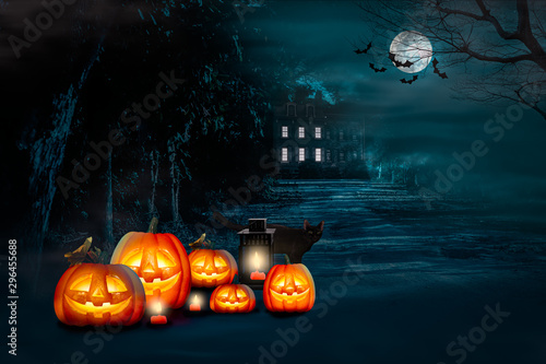 Dark night haunted house with light from window under the moon with branches tree and flying bats on Halloween day and Jack-o-lantern in front of the house with lamp and red candle and the black cat.