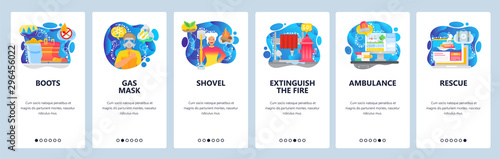 Mobile app onboarding screens. Fire figthing pipe and hydrant, protective wear, ambulance and rescue signal. Vector banner template for website and mobile development. Web site design illustration