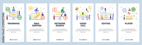 Mobile app onboarding screens. Email spam, video call and podcast, music player. Menu vector banner template for website and mobile development. Web site design flat illustration