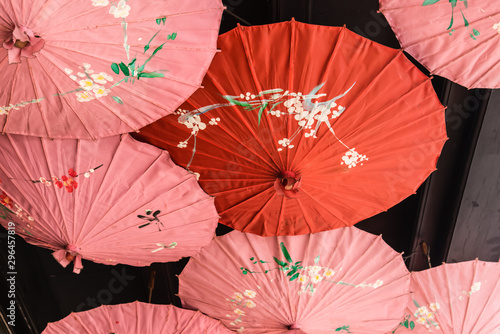 Chinese traditional umbrella display hanging on roof