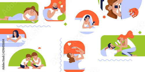 Social Media Concept for web site. Good morning. Collection people communication using smartphone. Communication via the Internet, social networking, chat, web site, search friends, web graphics.