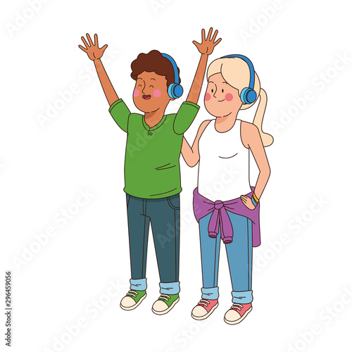 teen boy and girl with headphones icon