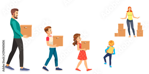 Illustration of a Stickman Family Carrying Cardboard Boxes Moving In Their New Home.
