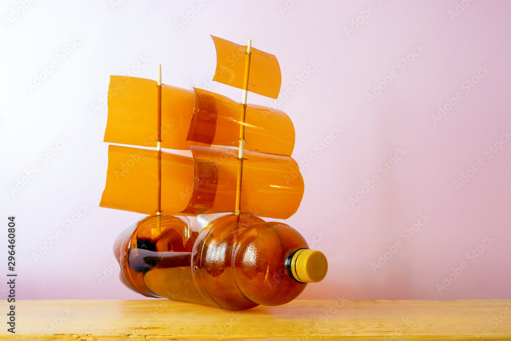 Toy ship made of a plastic bottle. Recycle crafts.