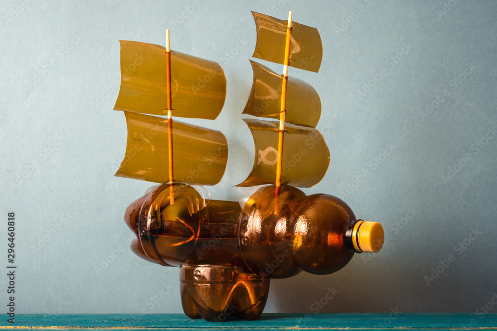 Toy ship made of a plastic bottle. Recycle crafts.