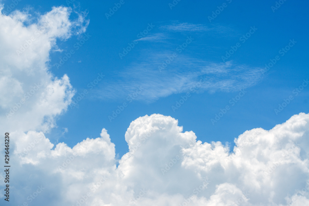Beautiful view of white fluffy clouds on a clear blue sky background. Nature weather on the vast cloud blue sky. Sky daylight in summer. Natural background with copy space. Element of design. Beautiful view of white fluffy clouds on a clear blue sky background. Nature weather on the vast cloud blue sky. Sky daylight in summer. Natural background with copy space. Element of design.