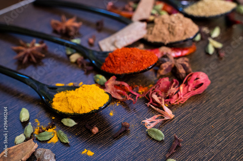 Set of Various spices decorated on spoon on a dark wooden table. Chilly pepper, rosemary, basil, turmeric, paprika, garlic, anise, cinnamon and other. Top view with copy space.