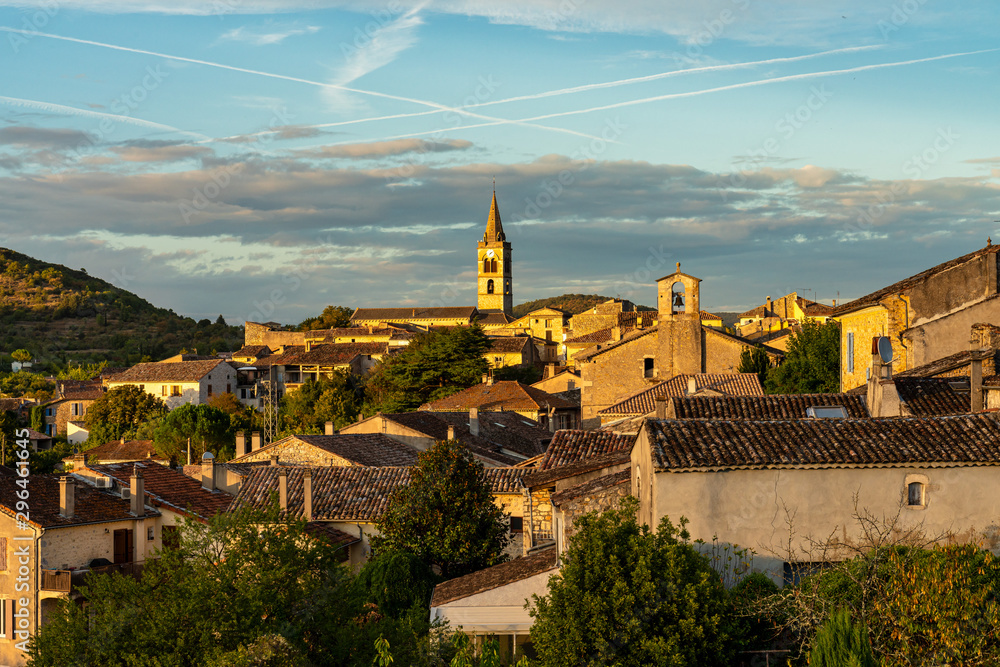 Sunset in the village Vallon Pont d'Arc in Ardeche, France