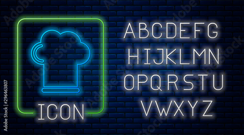 Glowing neon Chef hat icon isolated on brick wall background. Cooking symbol. Cooks hat. Neon light alphabet. Vector Illustration