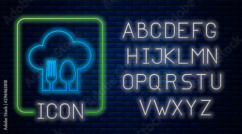 Glowing neon Chef hat with fork and spoon icon isolated on brick wall background. Cooking symbol. Restaurant menu. Cooks hat. Neon light alphabet. Vector Illustration