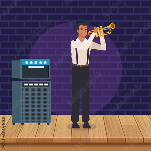 cartoon trumpeter, Jazz music band design