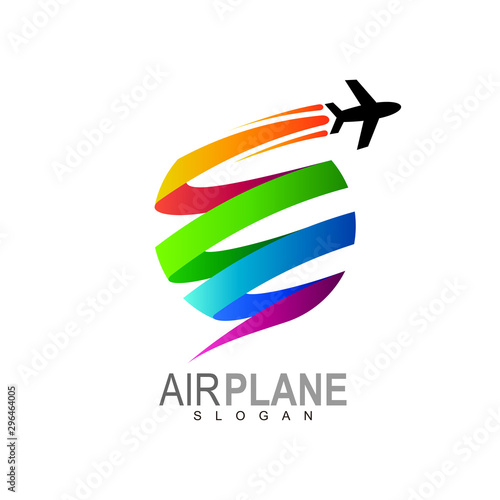 Airplane logo with globe and colorful design vector