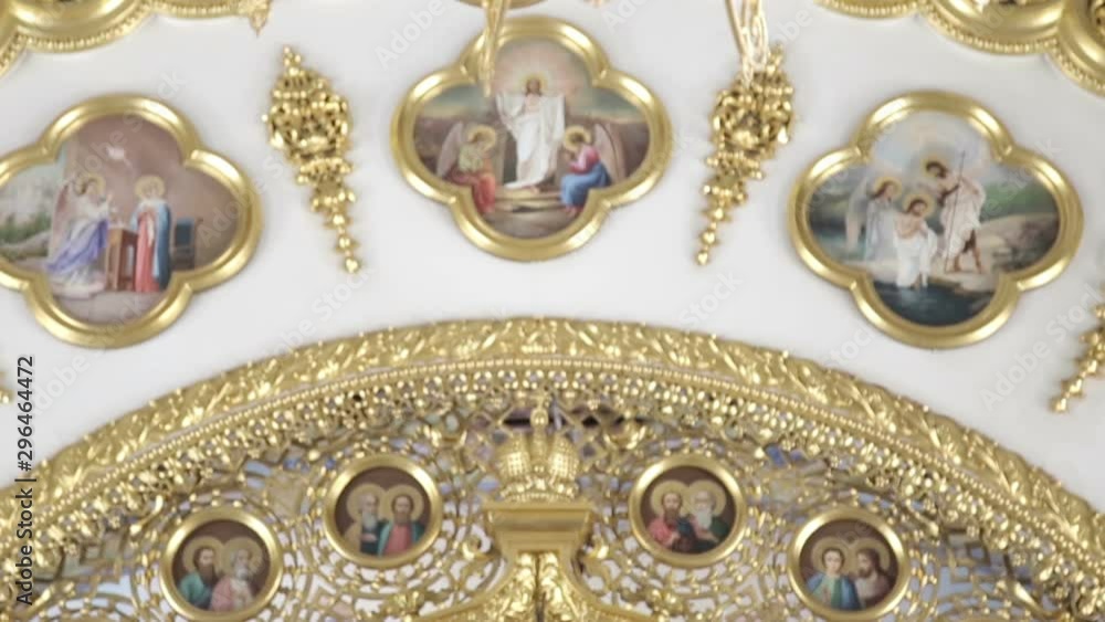 Orthodox Church. Christian temple. Icons, house of worship. Iconostasis, domes, cross. Orthodox Church. Christian temple. Icons, house of worship. Iconostasis, domes, cross.