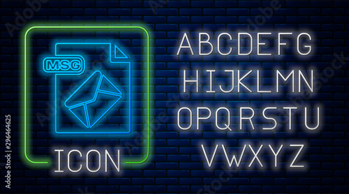 Glowing neon MSG file document. Download msg button icon isolated on brick wall background. MSG file symbol. Neon light alphabet. Vector Illustration